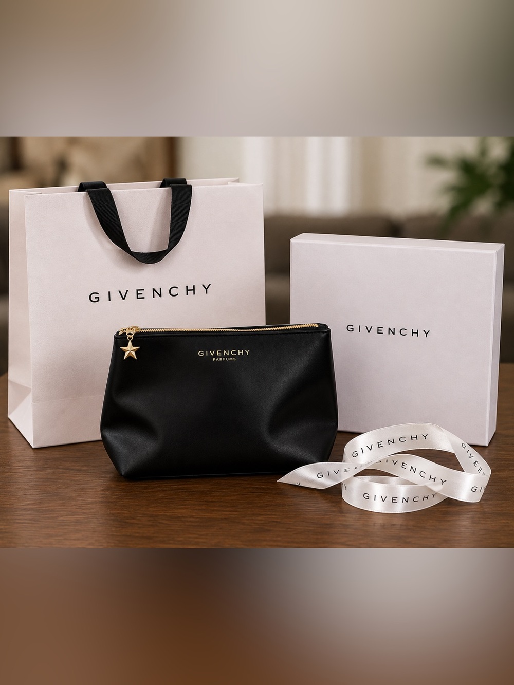 Givenchy Black Leather Zip Pouch with Star Charm